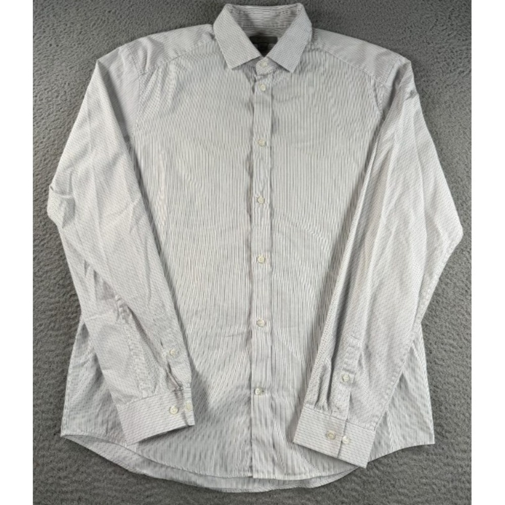 COS Dress Shirt Mens 15 3/4 Long Sleeve Button Up White Black Striped Cotton